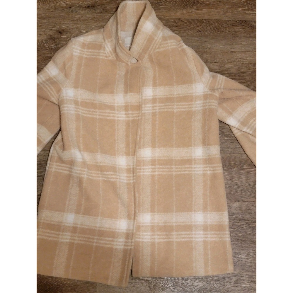 CYNTHIA ROWLEY TAN/CREAM PLAID OPEN FRONT WOOLBLEND COAT SIZE MEDIUM LONG SLEEVE